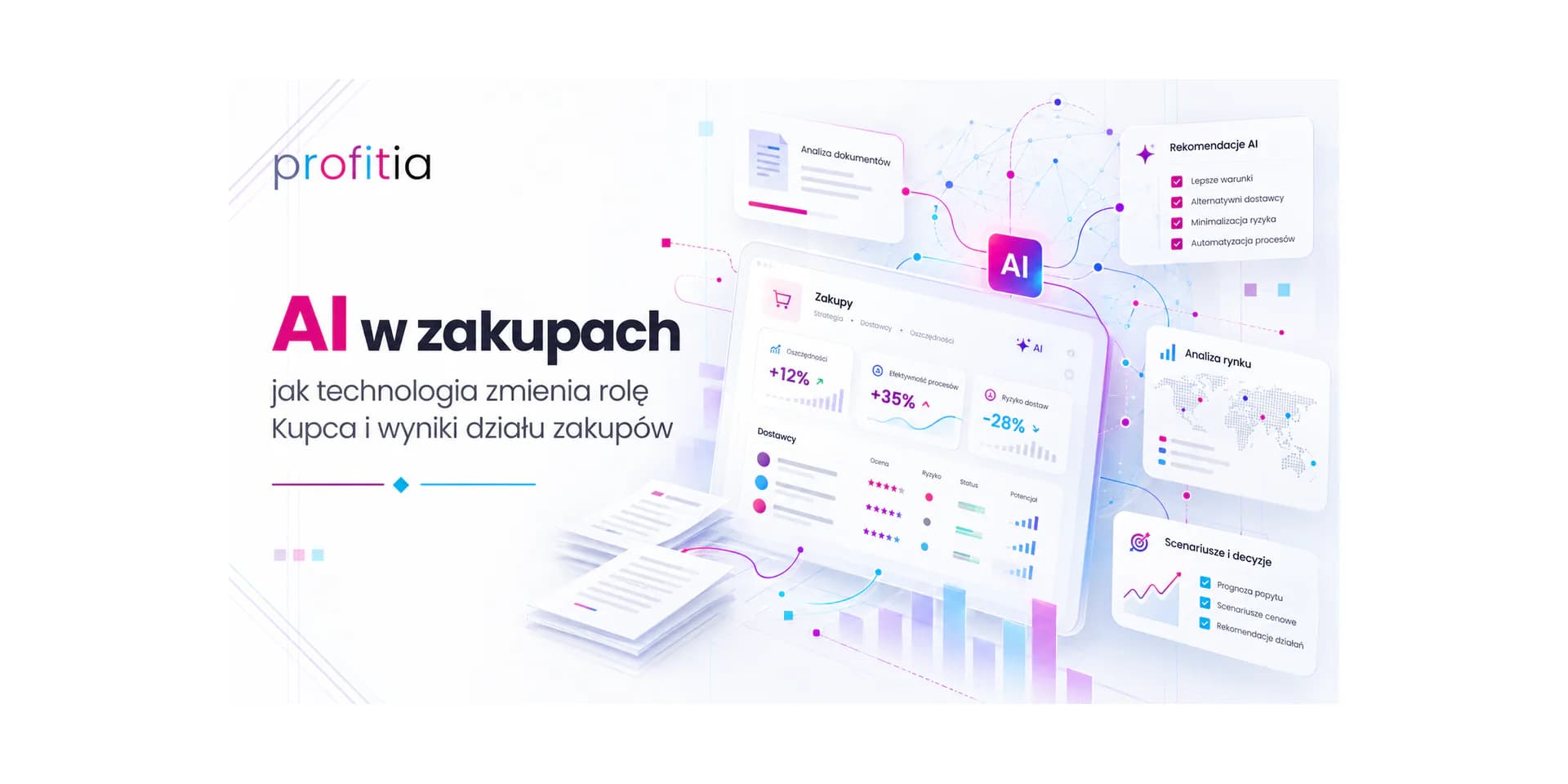 Grafika przedstawiająca zastosowanie sztucznej inteligencji w zakupach, obejmujące analizę rynku i dokumentów, ocenę dostawców, automatyzację procesów oraz rekomendacje AI wspierające decyzje zakupowe.